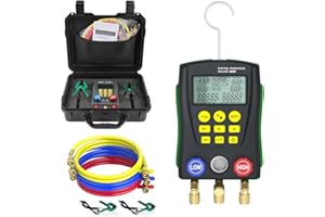 MOTOCOCHE Digital Manifold Gauge Set HVAC 2-Way Valve, R410a R22 Refrigeration Gauges, AC Manifold Gauge with Thermometer Clamps (Upgrad Dual Test Data)