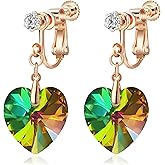 Austrian Crystal Heart Drop Clip On Dangle Earrings for Women Non Pierced 14K Rose Gold Plated Hypoallergenic Jewelry