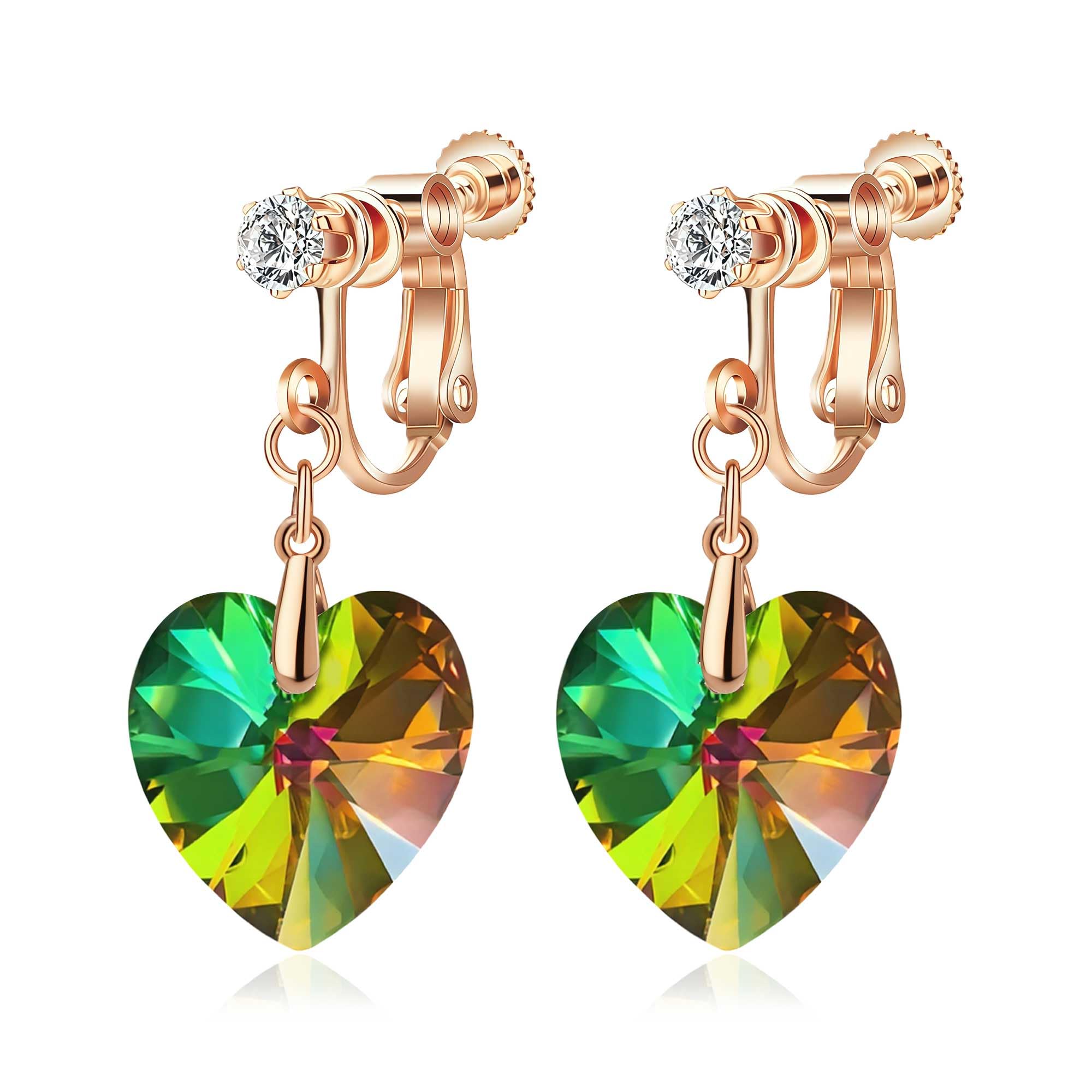 Swarovski Crystal Heart Drop Clip On Dangle Earrings for Women Non Pierced 14K Rose Gold Plated Hypoallergenic Jewelry