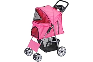 BBBuy 4 Wheels Foldable Pet Dog Cat Jogger Stroller Travel Carrier Strolling Cart w/Waterproof Cover Storage Basket Cup Holder & Removable Liner for Medium Small Cat Dog, Pink