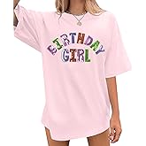 Oversized Sequin Birthday Girl Shirt Womens Happy Birthday Graphic Tees Birthday Gift Top Casual Short Sleeve Tops