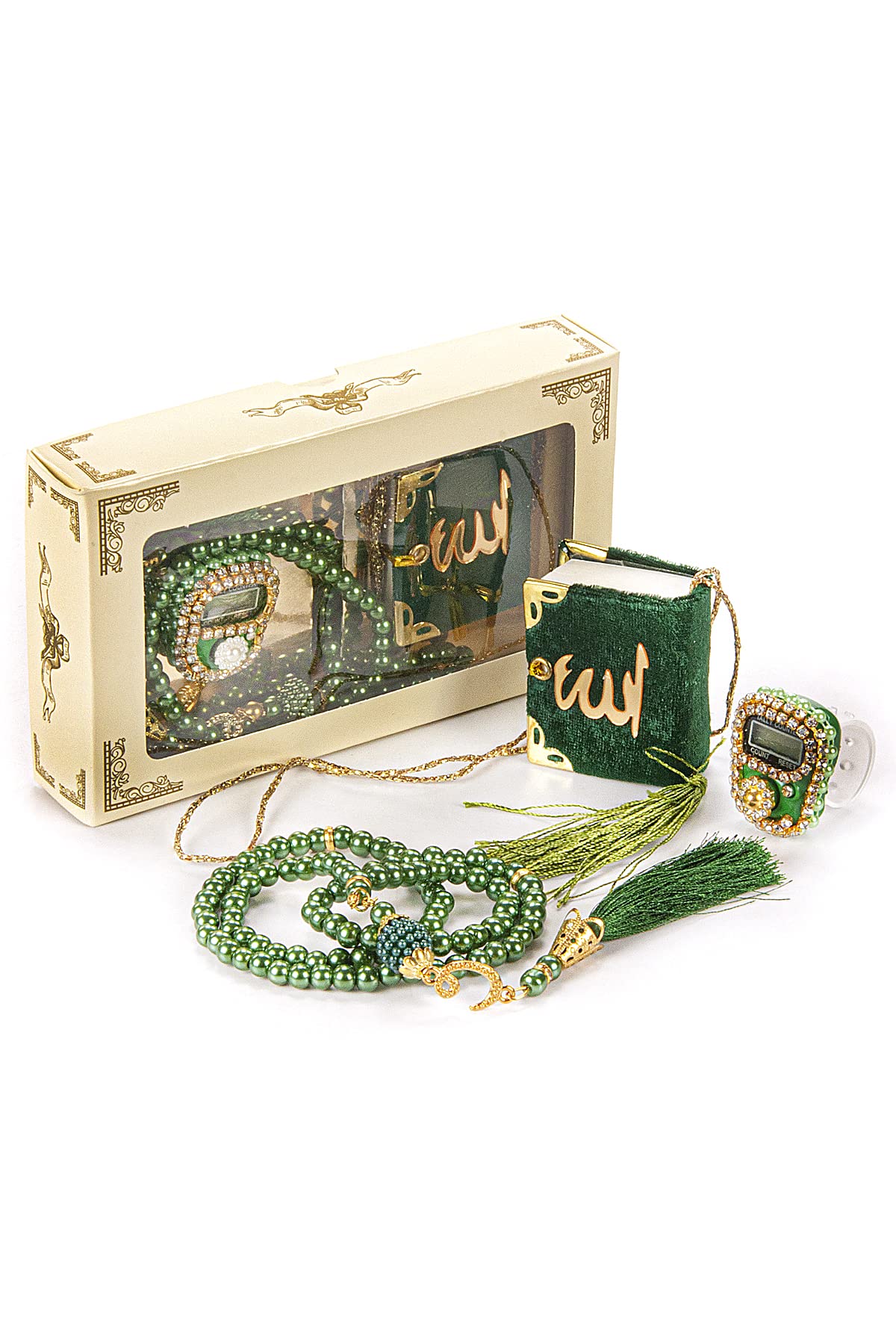 İhvan Online Mini Velvet Quran Set with Islamic Finger Counter, Portable Digital Tasbeeh, Muslim Prayer Beads, Pearl Zikirmatic Beads, 3 Pieces Gift Set for Mevlüt (Green)