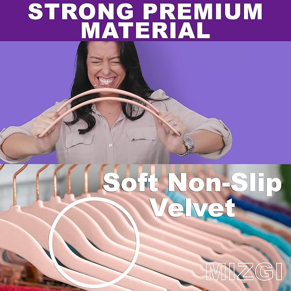MIZGI PREMIUM VELVET HANGERS (50 PACK) HEAVY DUTY – NON SLIP FELT HANGERS – BLUSH PINK – ROSE GOLD 360 DEGREE SWIVEL HOOKS,SPACE SAVING CLOTHES,DURABLE STRONG FOR SUITS,COATS,DRESS