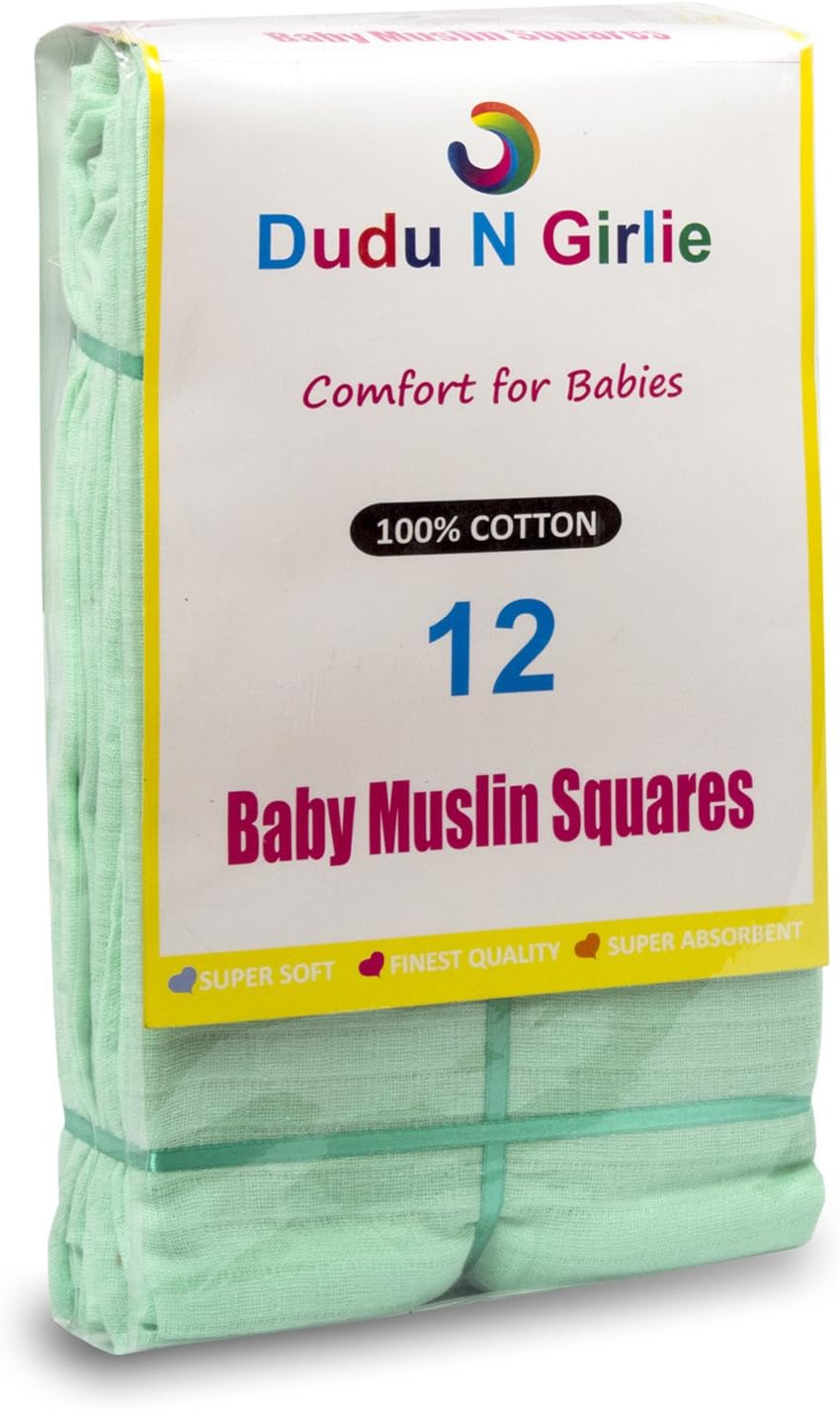 (12 X Mint) Premium Quality Baby Muslin Squares 100 Cotton, 72cm X
