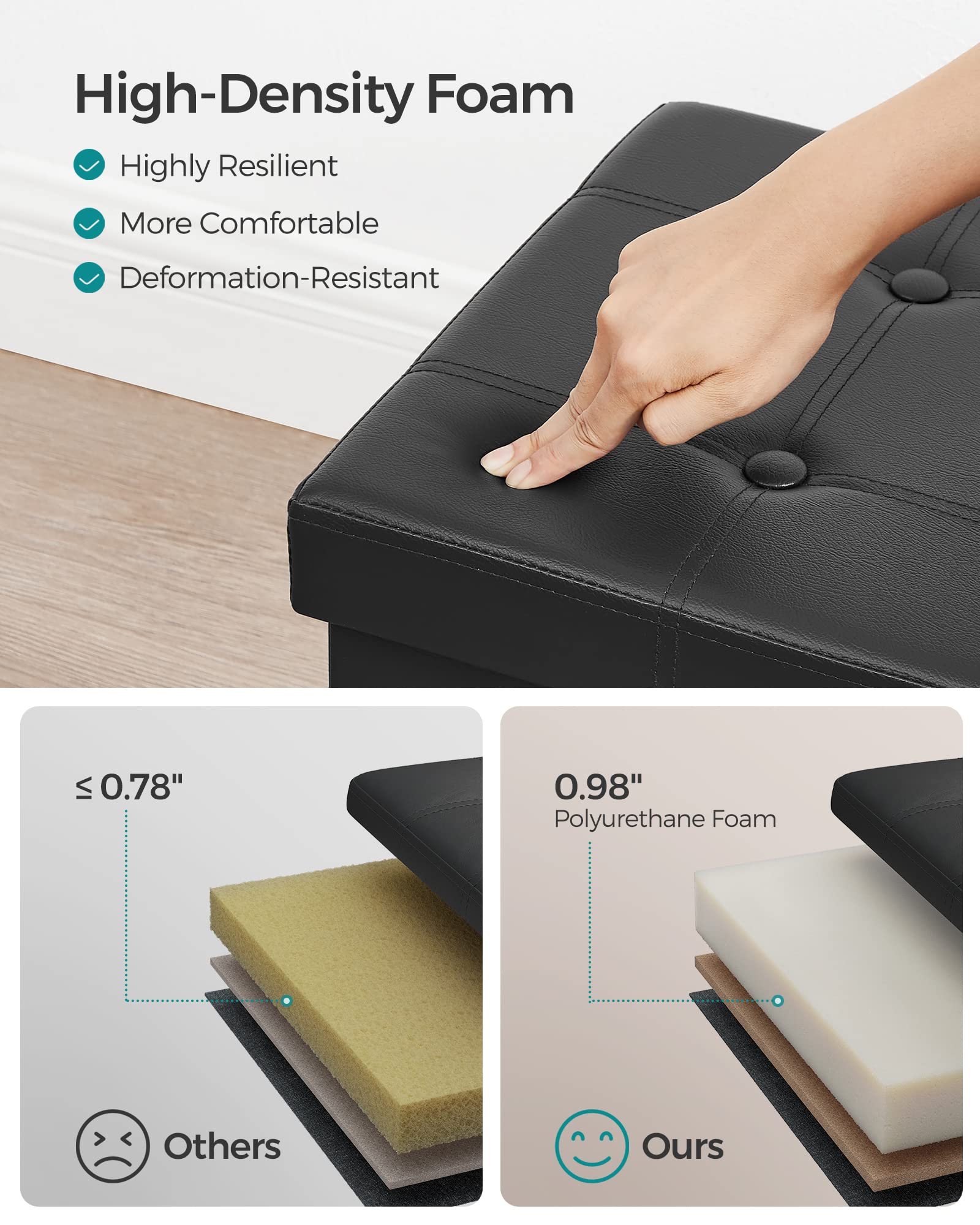SONGMICS MAZIE Collection-30 Inches Folding Bench Ottoman with Storage, Foot Rest Stool, Load 660 lb, for Living Room, Synthetic Leather, Black ULSF105, 15