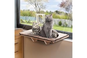 PETSFIT 2 Cats Design Window Perch, Cat Hammock Window Seat with Natural Wood &Removable Fleece Mat for Large Cats, Easy to A