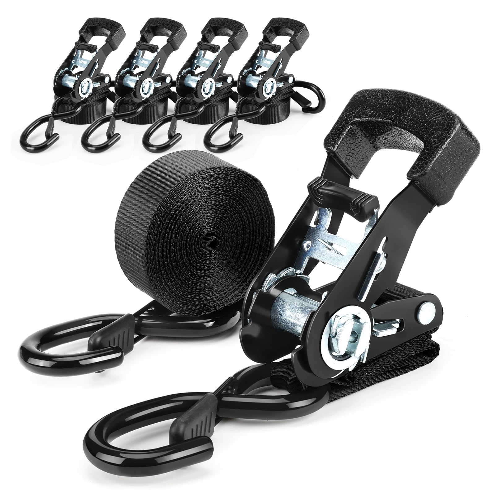 VerdeTrove Heavy Duty Ratchet Tie Down Straps - 4.5M x 25MM （800KG Break Strength）Ratchet Straps with Hooks Transport Tie Downs for Secure Cargo & Equipment Fastening (4PCS/BLACK)