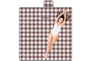 LRUUIDDE 80''x80'' Oversize Picnic Beach Blanket, Outdoor Waterproof Foldable 3-Layers, Sandproof Blankets Plaid Picnic Mat for Beach Camping on Grass Picnic Blankets (Brown)