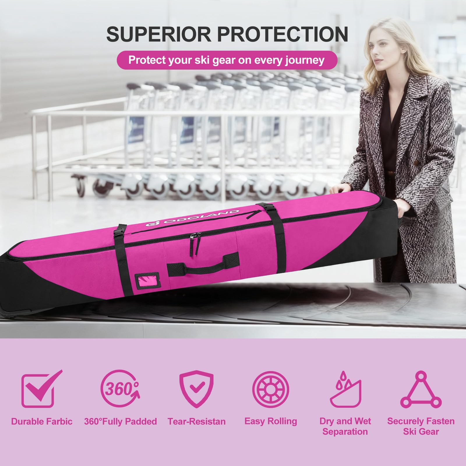 Odoland Rolling Ski Bag, Padded Snowboard Bags and Ski Boot Bag with Wheels for Air Travel, 900D Water Resistant Oxford Fabric, Fits Skis Up to 170cm, Purple