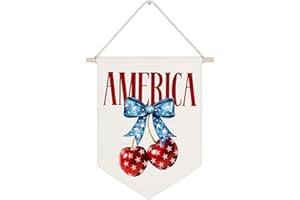 WUCHJ 4th of July Patriotic Canvas Wall Banners, America Red White Blue Coquette Bow Cherry Hanging Display Pennant Flags, Independence Day Patriotic Wall Decor for Home Bedroom Living Room 11x14 Inch