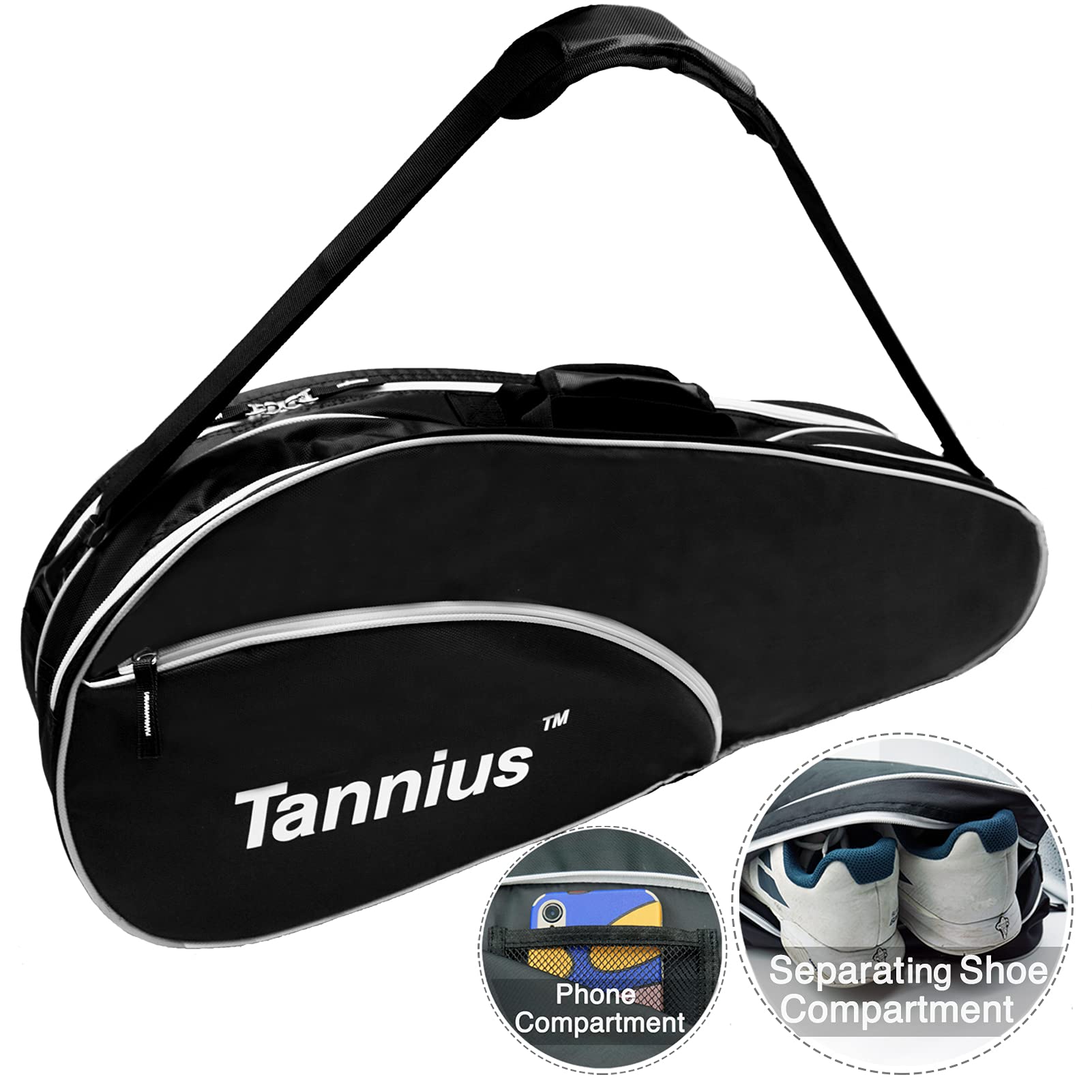 Photo 1 of Tannius 3-5 Racket Tennis Bag, with Shoe & Phone Compartment and Protective Pad, Super Roomy and Lightweight Racquet Bag for Tennis, Badminton (Black)