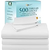 Luxury Split King Sheets Set For Adjustable Bed, 100% Cotton 500 Thread Count Sateen, Snug Fit, Set with Twin-XL Fitted Sheets, Damask Stripe Bedsheets (Split King, Stripe - White)