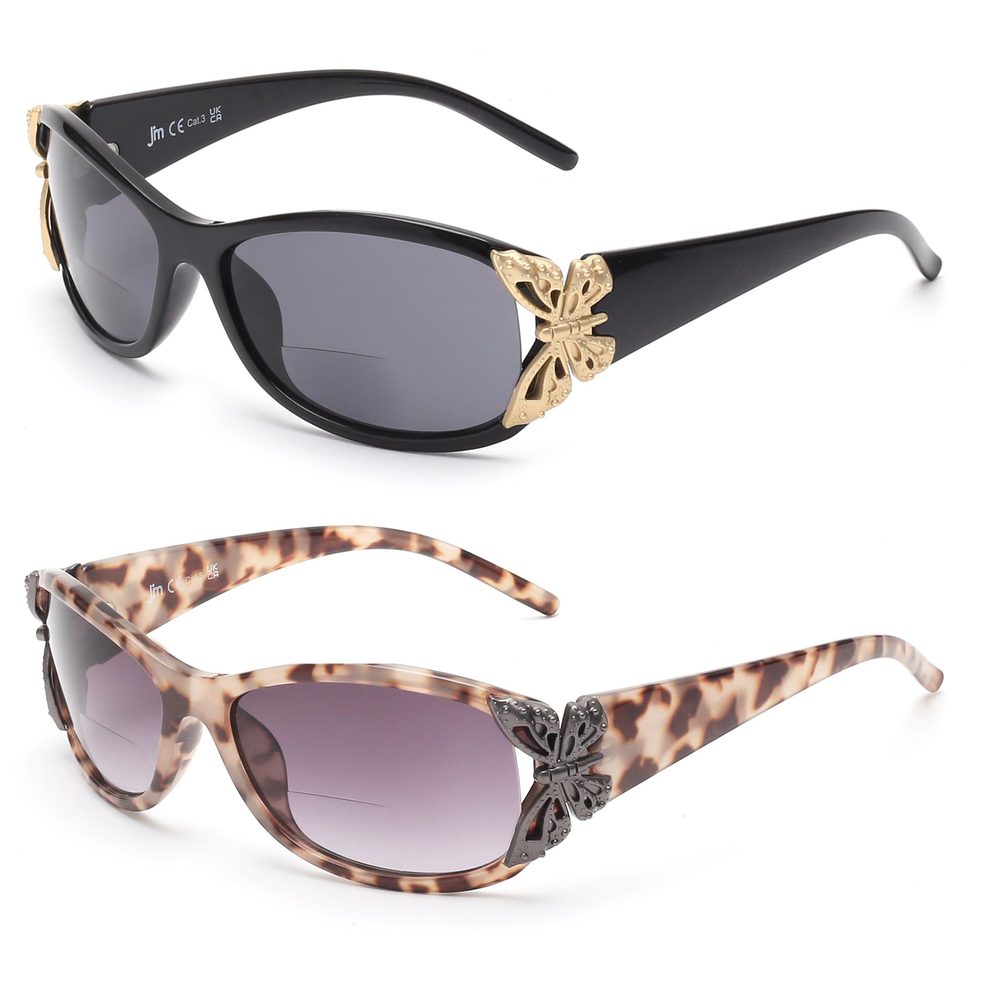JM 2 Pack Bifocal Reading Sunglasses for Women Fashion Sun Readers Outdoor Reading Glasses UV400 Protection Black & Grey Tortoise +4.0