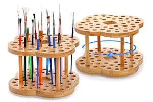 Foraineam 2 Pack Rotating Paint Brush Organizer Holder - 53 Holes Bamboo Display Drying Stand - Artist Watercolor Brush Stand Rack Art Supply Storage Organizer