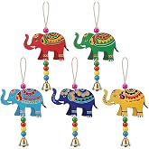 5 Pcs Diwali Hanging Decor, Navratri Ornament with Bell, Wood Elephant | Elephant Design, Jute Rope, Colorful Beads, Gold Bell, Indian Wedding Housewarming Gifts, Diwali Pooja Party Favor