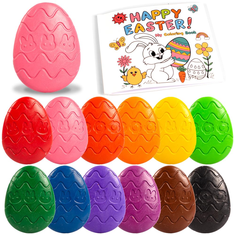 VKTEN Egg-Shaped Toddler Crayons, 12 Colors Non-Toxic Washable Crayons for Kids with Easter Coloring Book – Perfect Easter Basket Stuffers for Babies Toddler