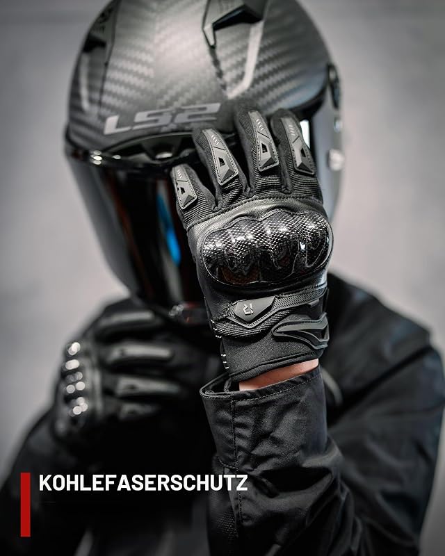 Motorradhandschuhe Herren Sommer Hartschale Kohlefaser atmungsaktiv Touchscreen weich für Motorradfahren Bergsteigen Wandern Schwarz-L