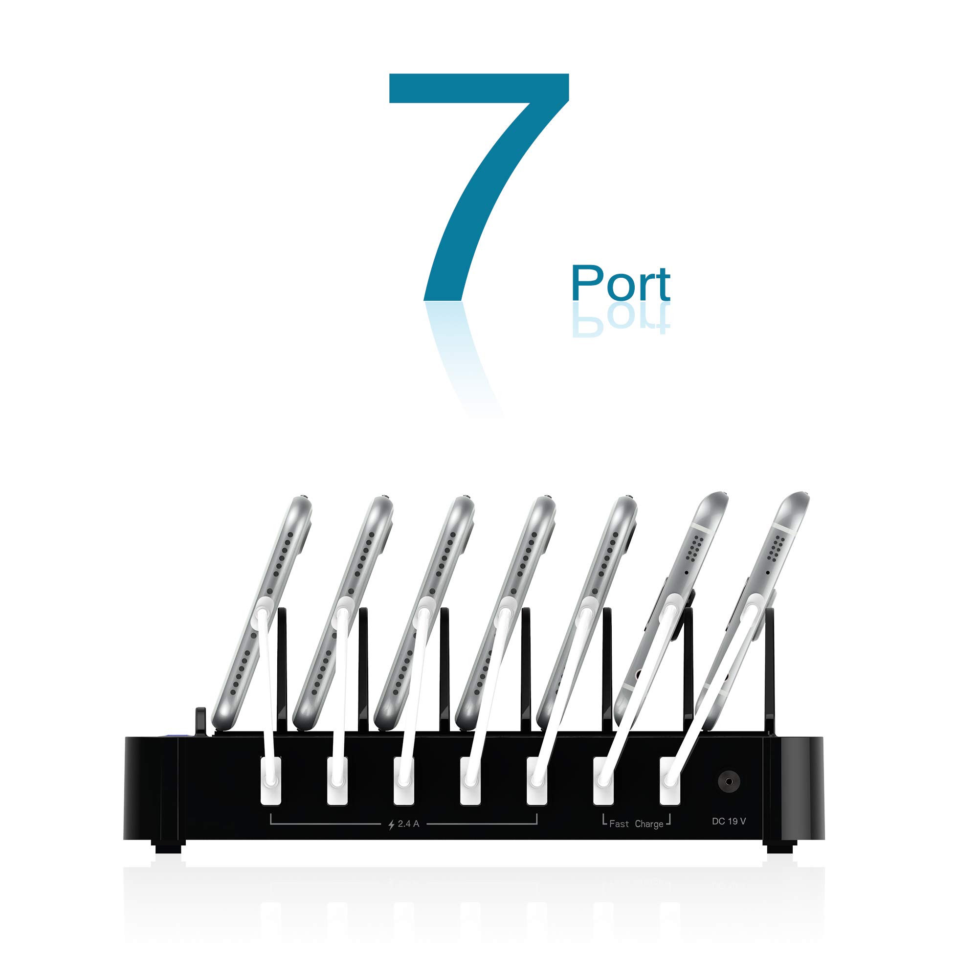 Kavalan 7 Port USB Charging Station Dock & Organizer with 2 Fast Charging Port, Universal Desktop Tablet & Smartphone Multi-Device Charger Hub with Smart Rapid Charging Ports_5 Cables Included