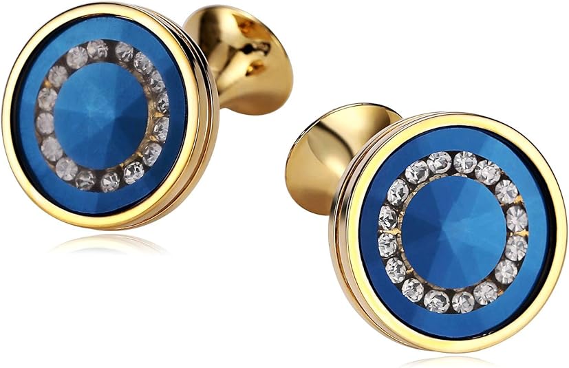 Amody Mens Stainless Steel Royal Round Crystal Gold Blue Cufflinks for