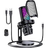 tenlamp USB Gaming Microphone for Streaming &amp; Podcast, Gain Control | Capture clear voice with cardioid condenser sound, noise reduction, RGB lighting, touch mute and headphone monitoring