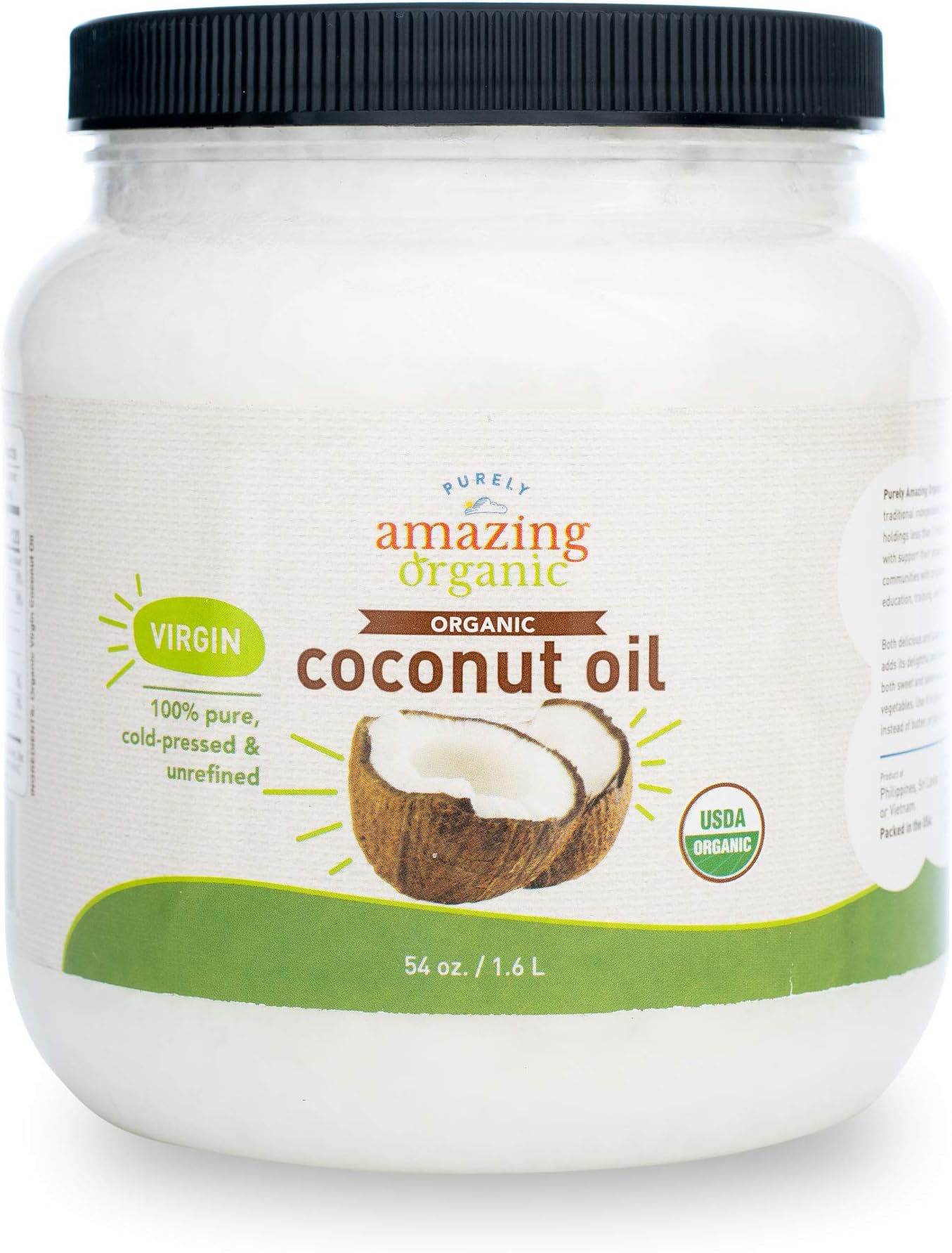 Purely Amazing Organics - Certified Organic Virgin Coconut Oil (54 oz) Non-GMO Cold Pressed, Great for Skin, Hair & Cooking