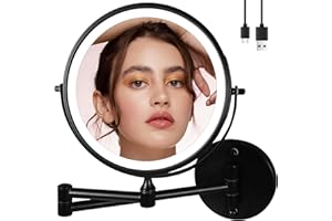 9" Large Black Wall Mount Magnifying Mirror With Light, TUSHENGTU 3000mAh Rechargeable Lighted Makeup Vanity Mirror Wall Mounted Swing Arm,10X/1X Magnifying Vanity Mirror for Bathroom 360°Double Sided