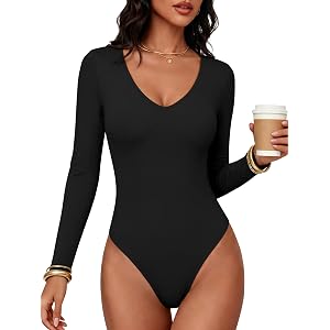 ANRABESS Women Long Sleeve Bodysuits UPF 50+ | Sun Protection Soft Stretchy,V Neck Slim Fit Body Suit Top, Spring Fall Casual
