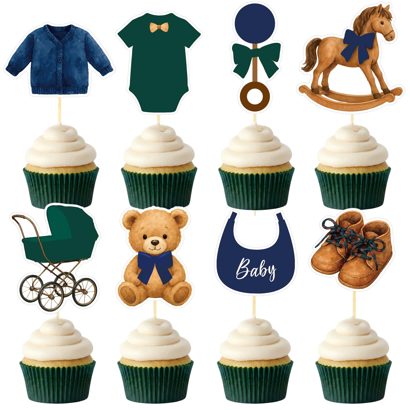 Photo 1 of FunooFuno 48 Pcs Green Blue Tartan Plaids Decorations Bear Baby Shower Cake Toppers Vintage Tartan Preppy Bear Cake Toppers for Baby Shower Birthday Party Decorations, 8 Styles