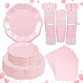 350 Pcs Pink Party Supplies Include Scalloped Plate Napkin Cup Forks Knives, Valentine's Day Plastic Cutlery 50 Guest Disposable Party Tableware Set for Wedding Baby Shower Bridal Birthday Parties