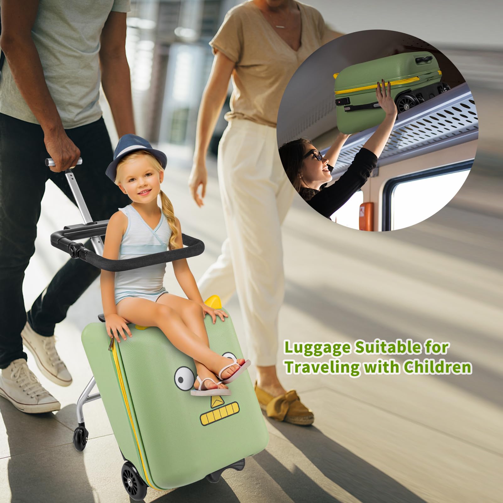 Aseasimlestore Ride on Suitcase for Kids, 20 inch Hardside Kids Luggage Ride on,Large Suitcases with Child Seat Design with 4 Universal Wheels Help Your Child Travel (Green)