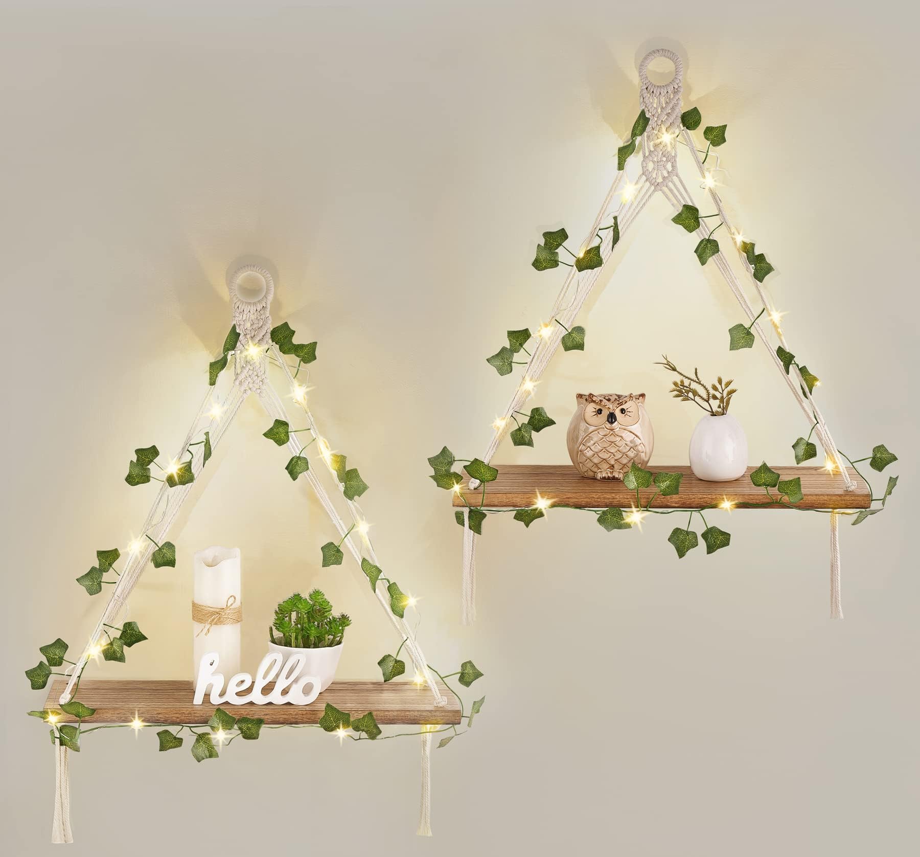 Photo 1 of Mkono Artificial Ivy Macrame Hanging Shelves with Lights Set of 2 Boho Wall Decor Display Plants Photos Wood Floating Storage Shelf for Bedroom Bathroom Living Room Nursery Dorm Kitchen, White