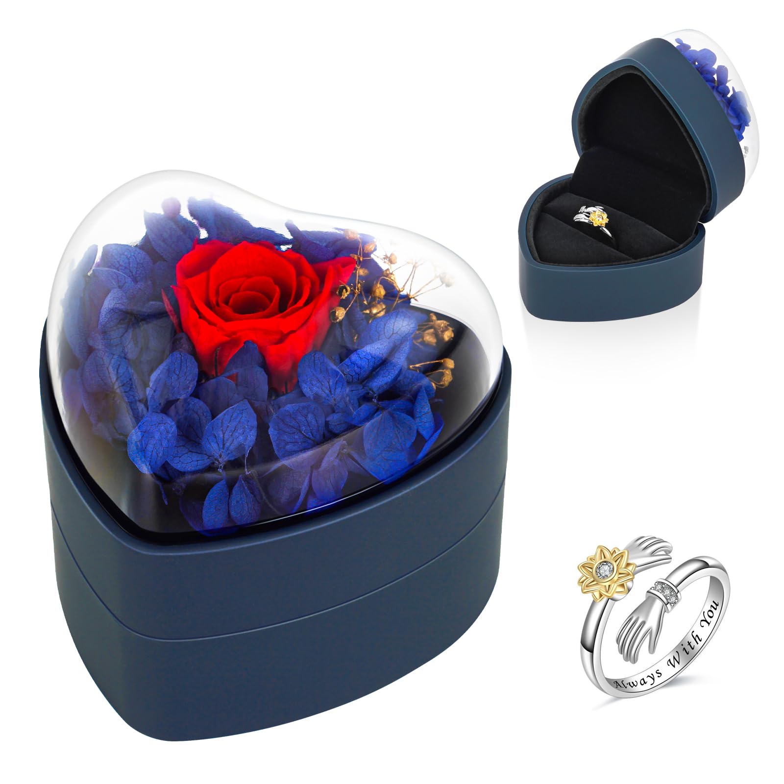 Fanadith Preserved Red Real Rose Ring Box, Eternal Rose with Silver Ring for Wife Girlfriend Mom, Flower Real Rose Gift Decor for Christmas Wedding Anniversary Valentine's Day