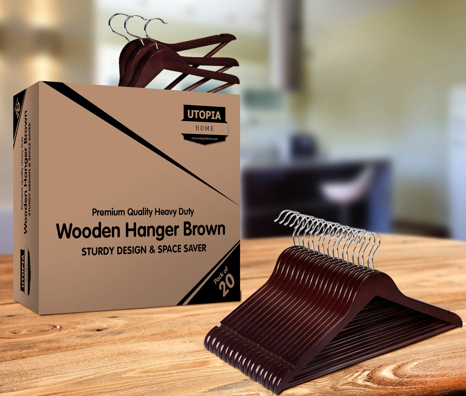 Utopia Home Premium Wooden Hangers Pack of 20 Suit Hangers Walnut
