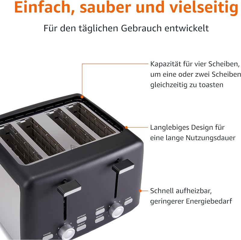 4-Scheiben Toaster mit 7 Bräunungsstufen, Extra Breite Schlitze, Brötchenaufsatz, Herausnehmbare Krümelschublade, 1500W, Schwarz