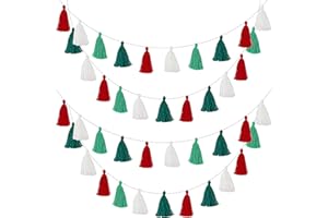 WILLBOND 4 Pieces Christmas Tassel Garland for Classroom Wall Decor Boho Pastel Garland Cotton Tassel Banners for Christmas Party School(3.1 Inch,Red, White, Light Green, Dark Green)