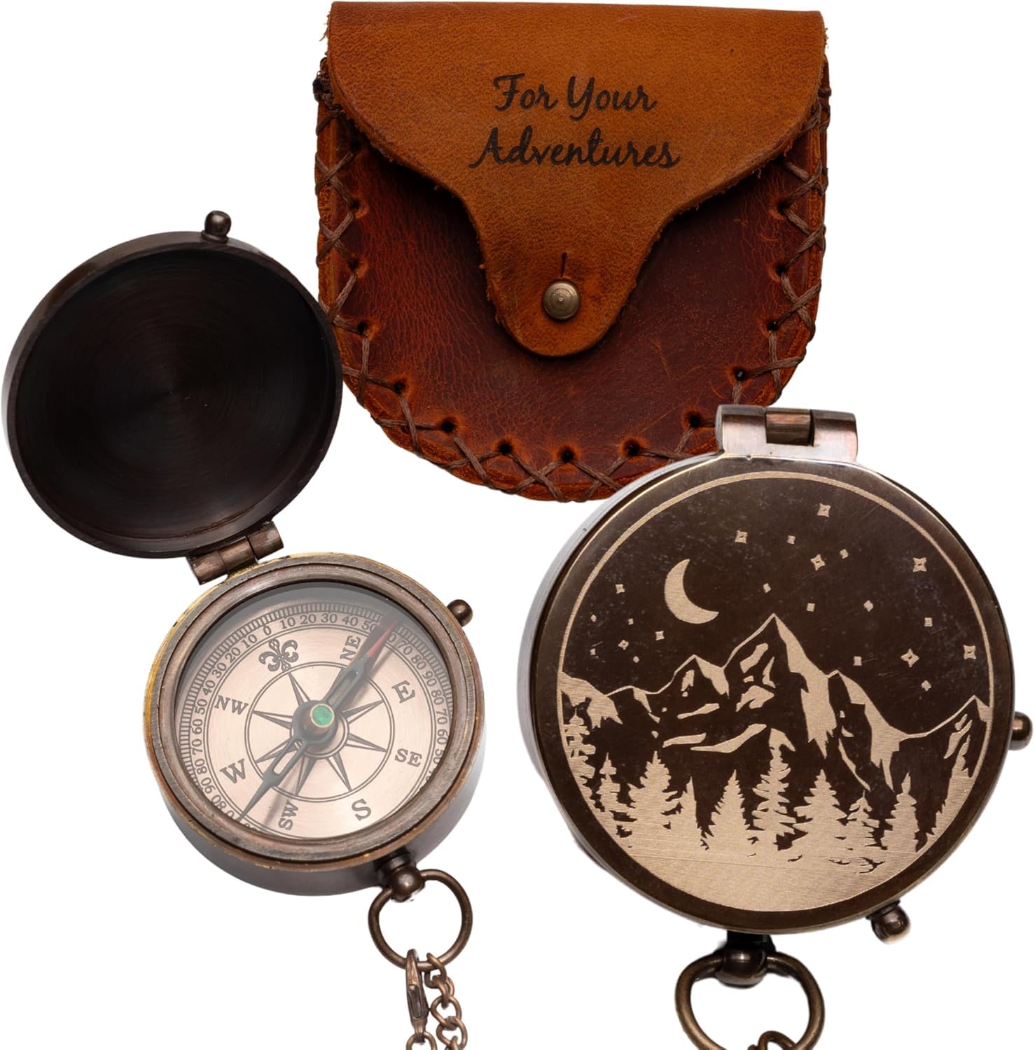 Photo 1 of Engraved Compass Gift for Men – Vintage Brass Pocket Compass for Hiking, Adventure, and Travel – Antique Finish with Leather Case – Moon & Stars, or Road Design – Gift for Dad, Husband, or Son