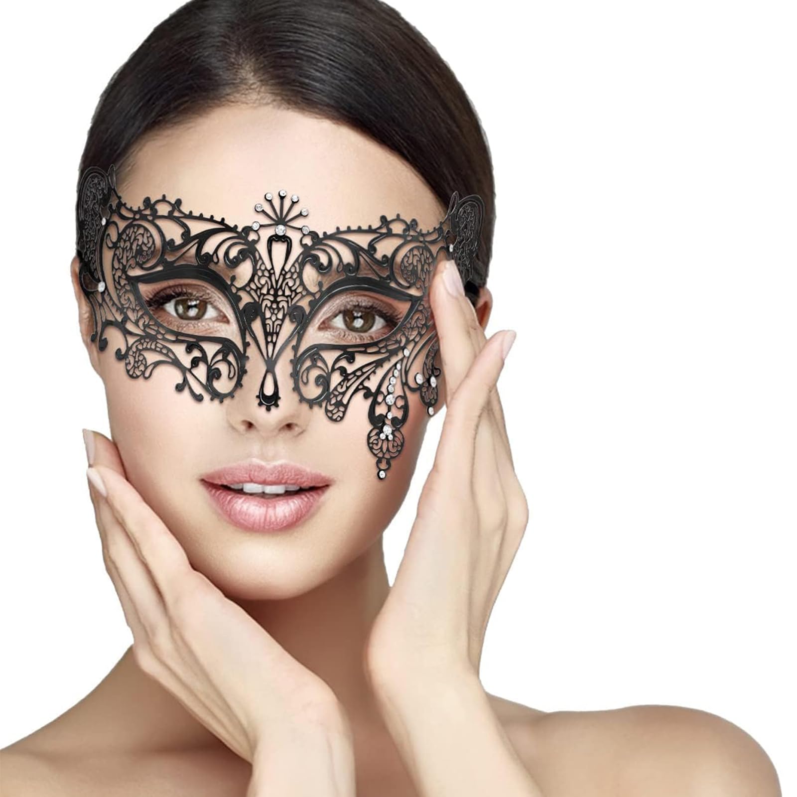 SKY TEARS Venetian Style Diamante Metal Filigree Masquerade Mask, Halloween Party Masquerade Black