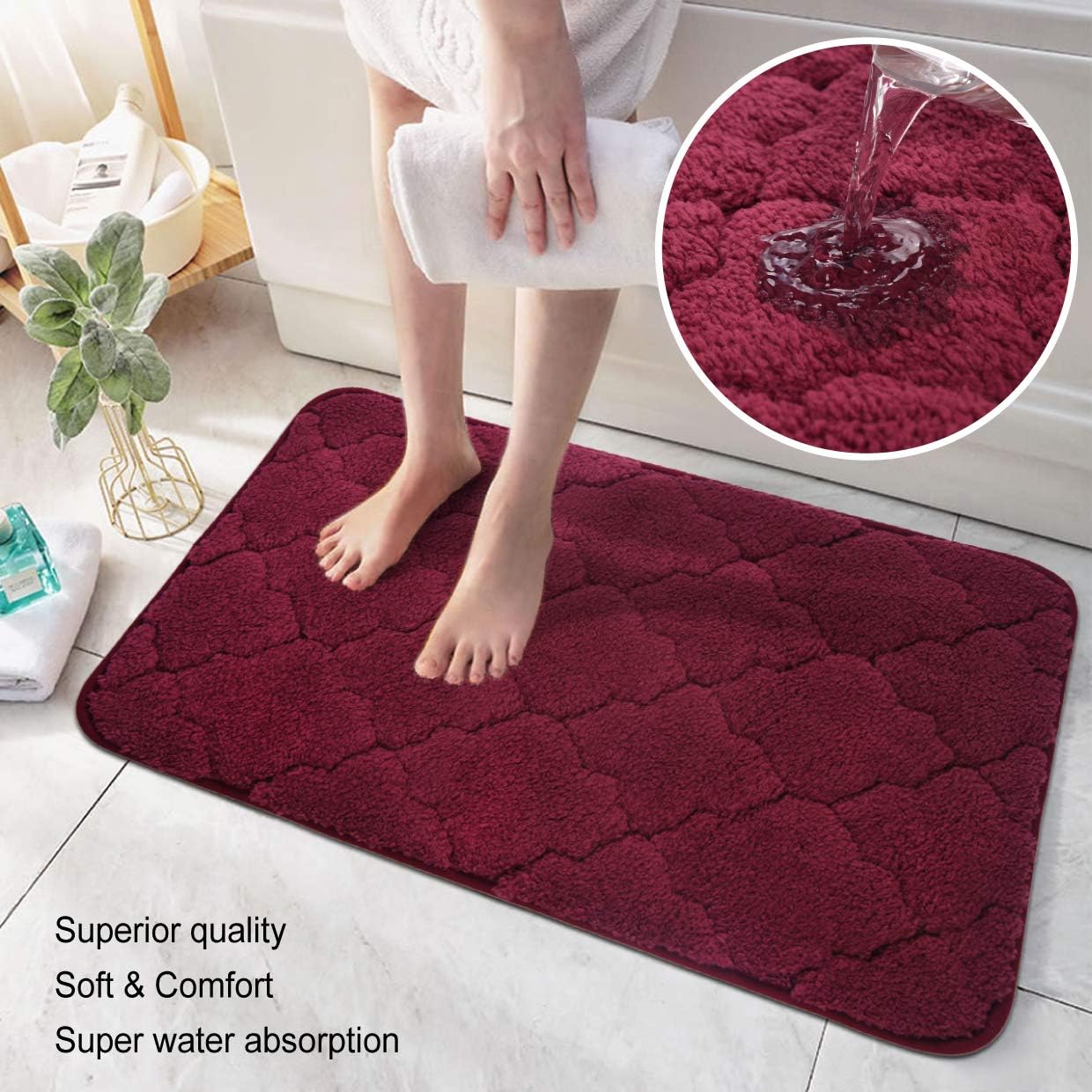 100 Mirco Polyester Accent Rugs Easy Clean Super Thick And Soft Perfect Absorbant Non Slip Machine Washable Bath Mat Burgundy 24x16 Inch Bathroom Rugs Bath Bath Rugs