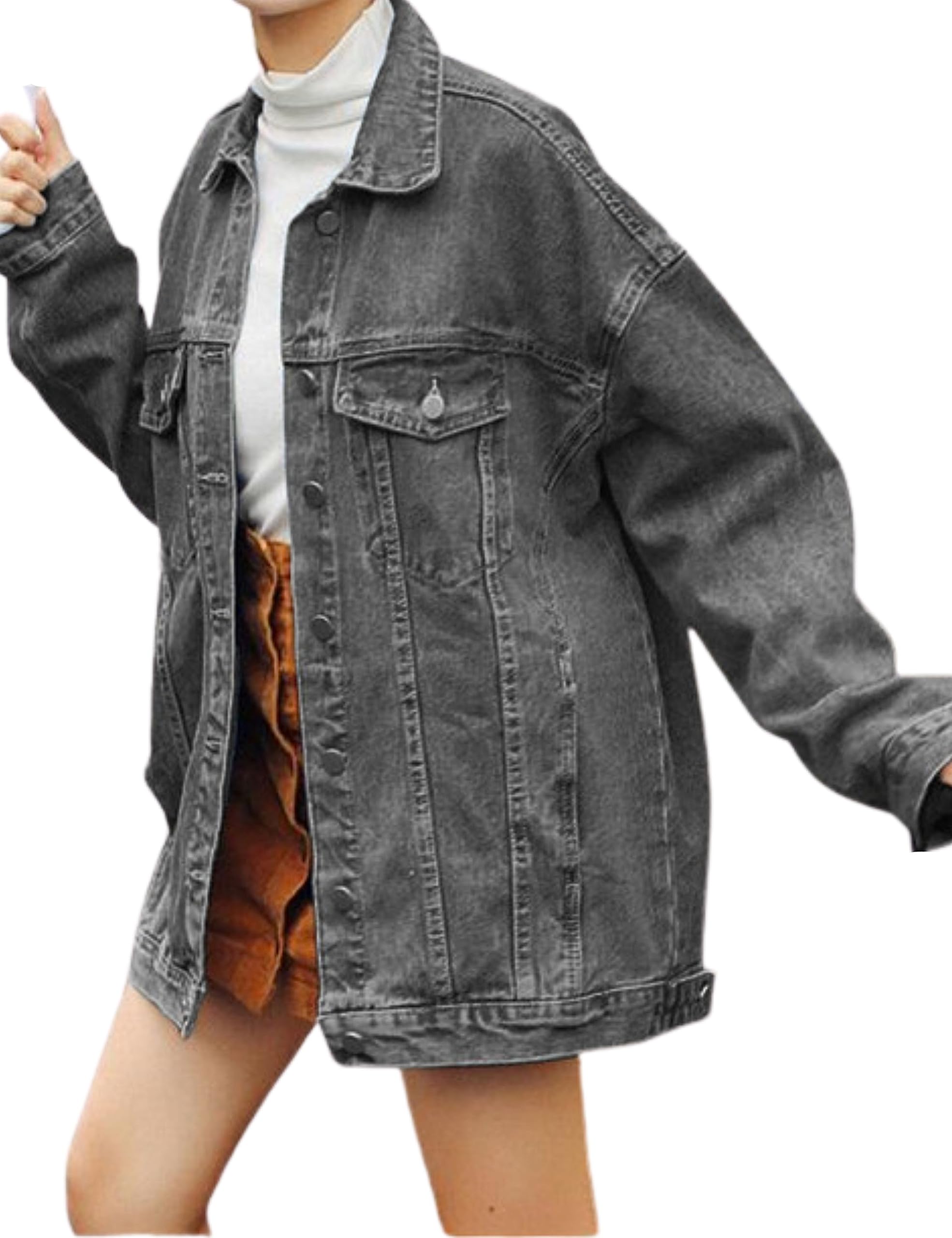 Photo 1 of Gozoloma Women's Casual Loose Oversized Denim Jacket Long Sleeved Button Jean Jacket Coat Tops(0011-Grey-M)
