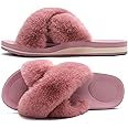 COFACE Womens Fuzzy Slides Fluff Faux Fur Cross Slippers Open Toe Yoga Mat House Slippers Sandals With Arch Support For Indoor/Outdoor