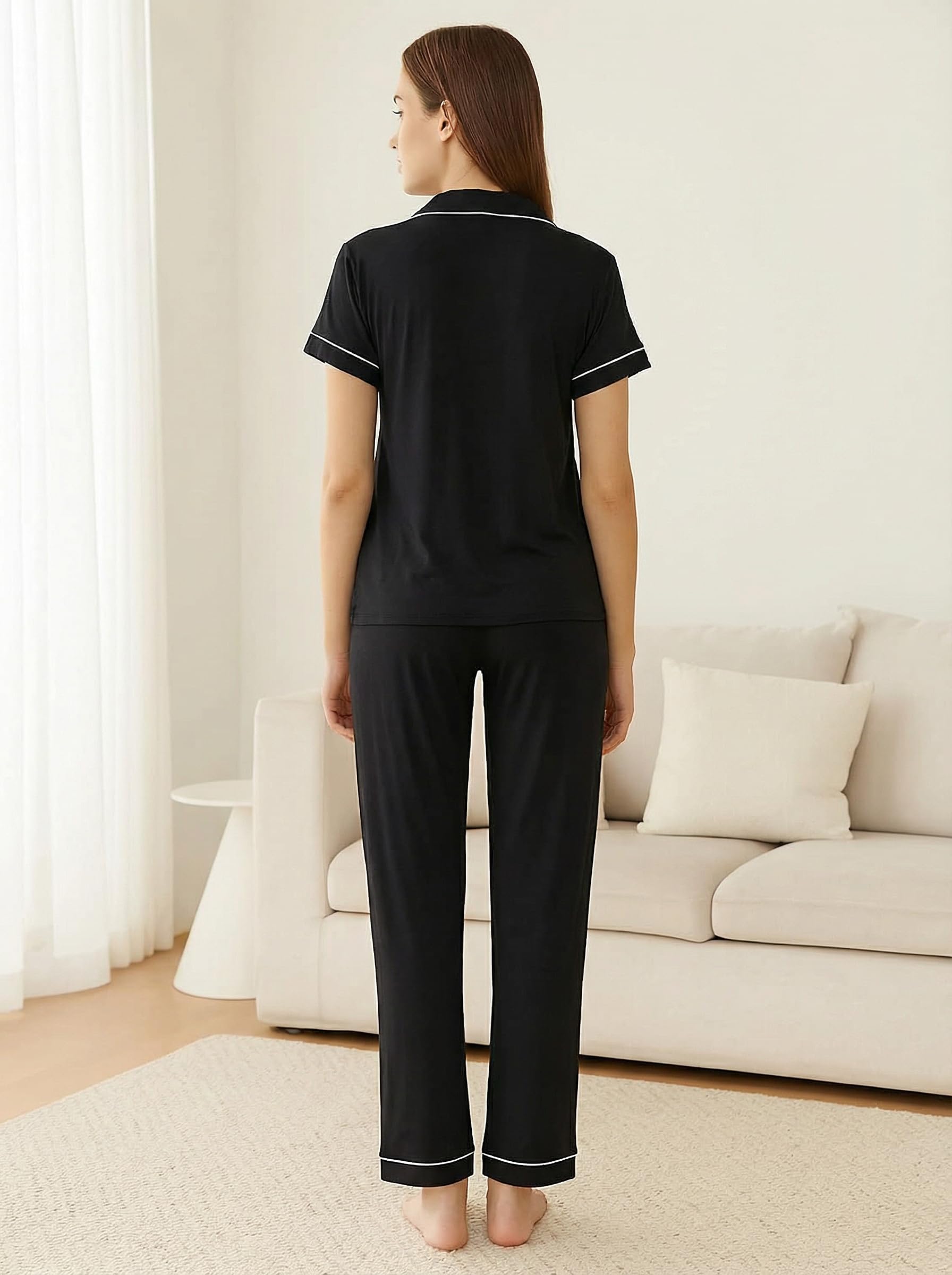 BORN Soft Button Up Pajamas for Women, Knit Button Down Pajama Set with Pants, PJ Sets (Black, Medium)