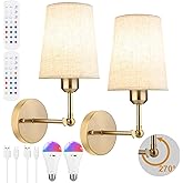Battery Operated Wall Sconce Set of Two,Modern Gold Rechargeable Wall Lights with 5200mAh RGB Bulb and Remote Control, 270°Ro