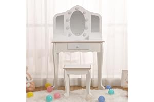 SLIFET Kids Vanity, Girls Vanity Set with Mirror and Stool, Makeup Vanity with Lights and Storage Drawer, Brightness Adjustable, Wooden Dressing Table, Pretend Play Kids Vanity Table and Chair Set White