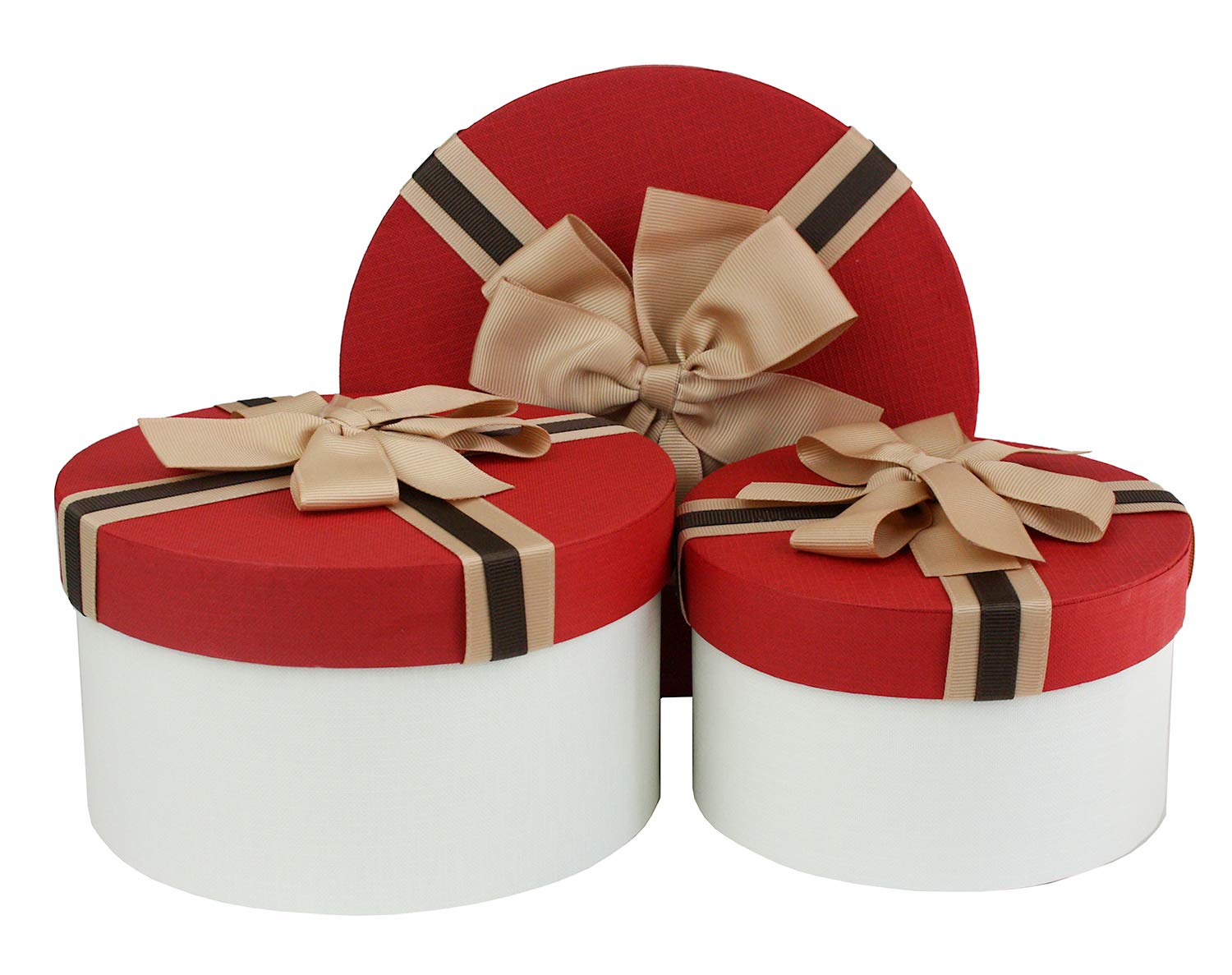 Emartbuy Set of 3 Round Gift Box, White Box with Red Lid and Striped Brown Ribbon