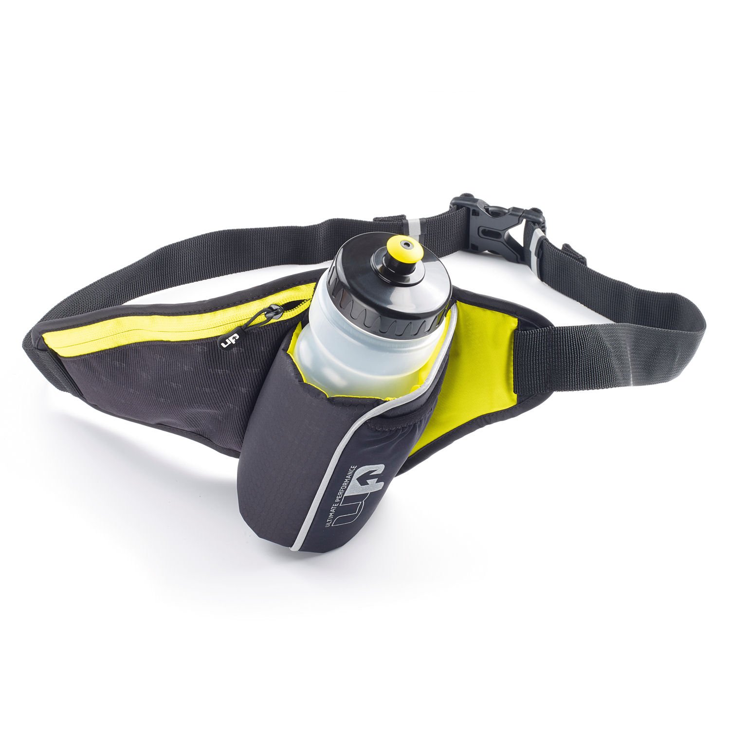 Ultimate Performance UP Ribble II 650ml Hip Bottle & Holster Hydration Belt Insulated angled bottle holder easy access belt Fits 26"-42" waist large zipped pocket fits smart phone Yellow