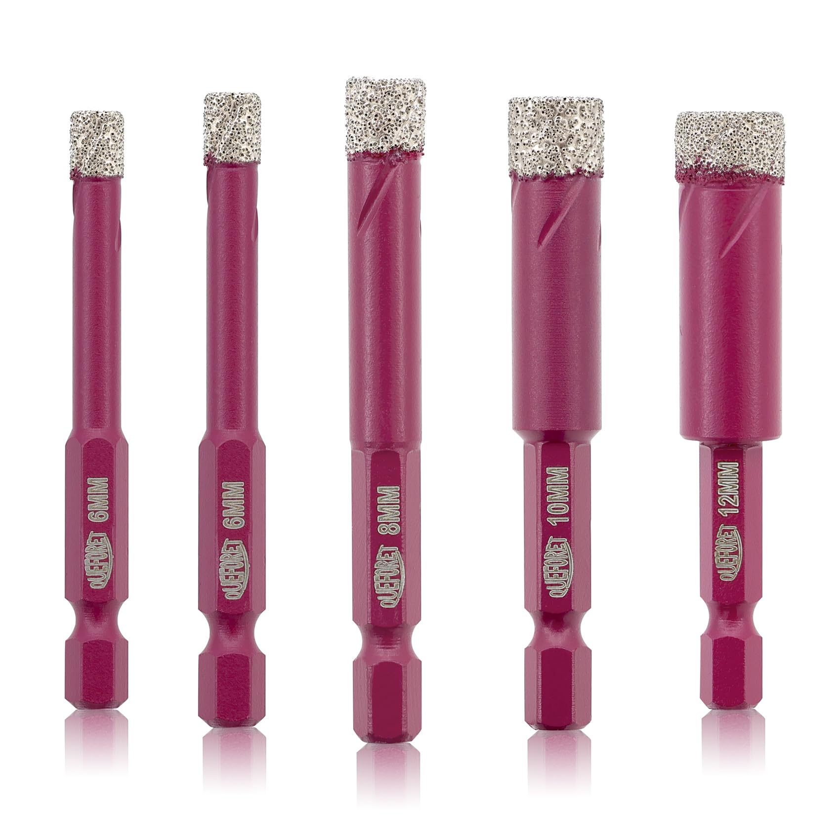 QUEFORET Diamond Drill Bits Set - 5pcs 6/6/8/10/12mm Dry Hole Saw Kit for Drilling Ceramic Porcelain Tile Marble Granite, Quick Change Hex Shank