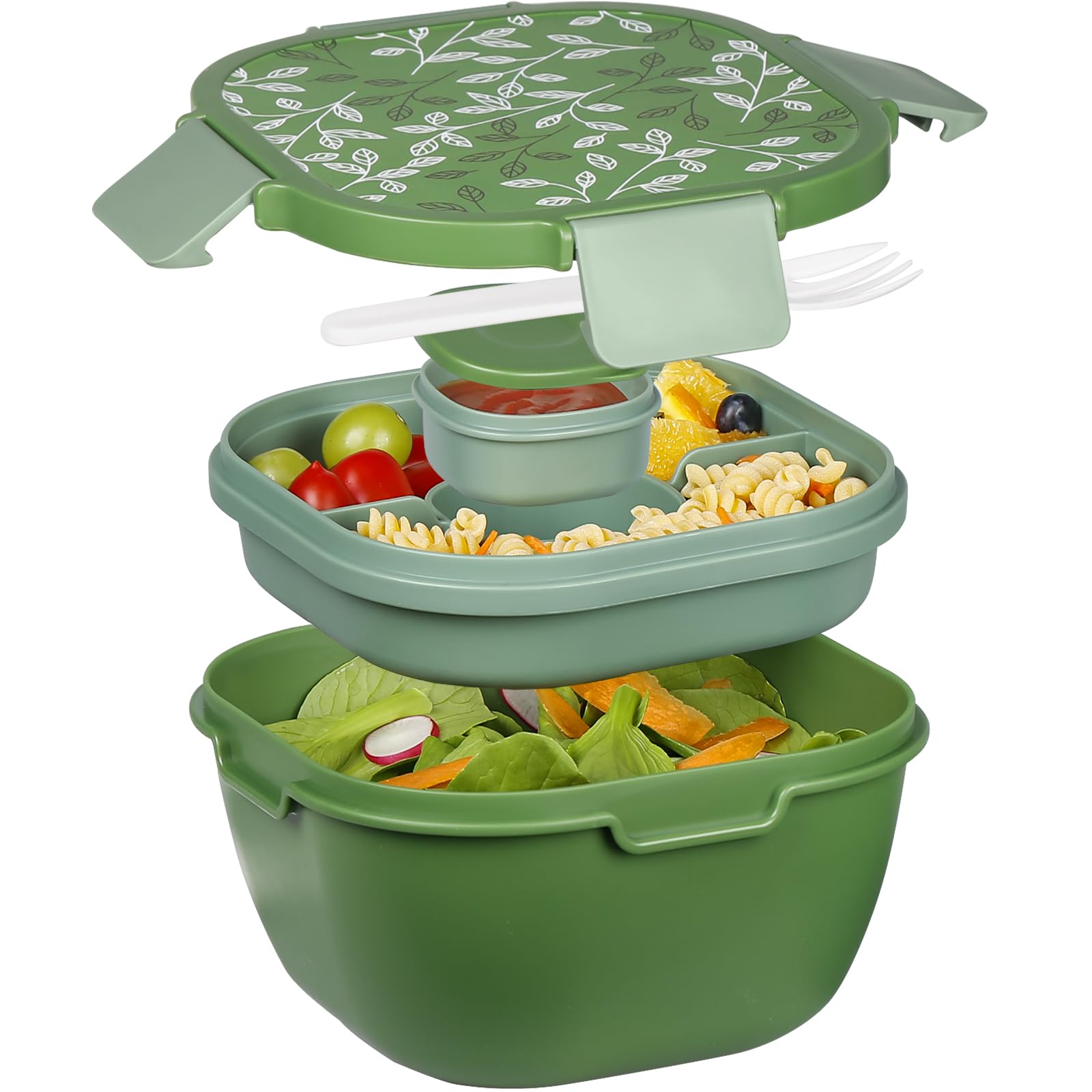 Greentainer Lunch Box Lightweight Bento Box with 1 Fork, Salad Container with Dressing Container, 3 Compartments Salad Box-to-Go for School, Work, Picnic, Travel, Camping-Green