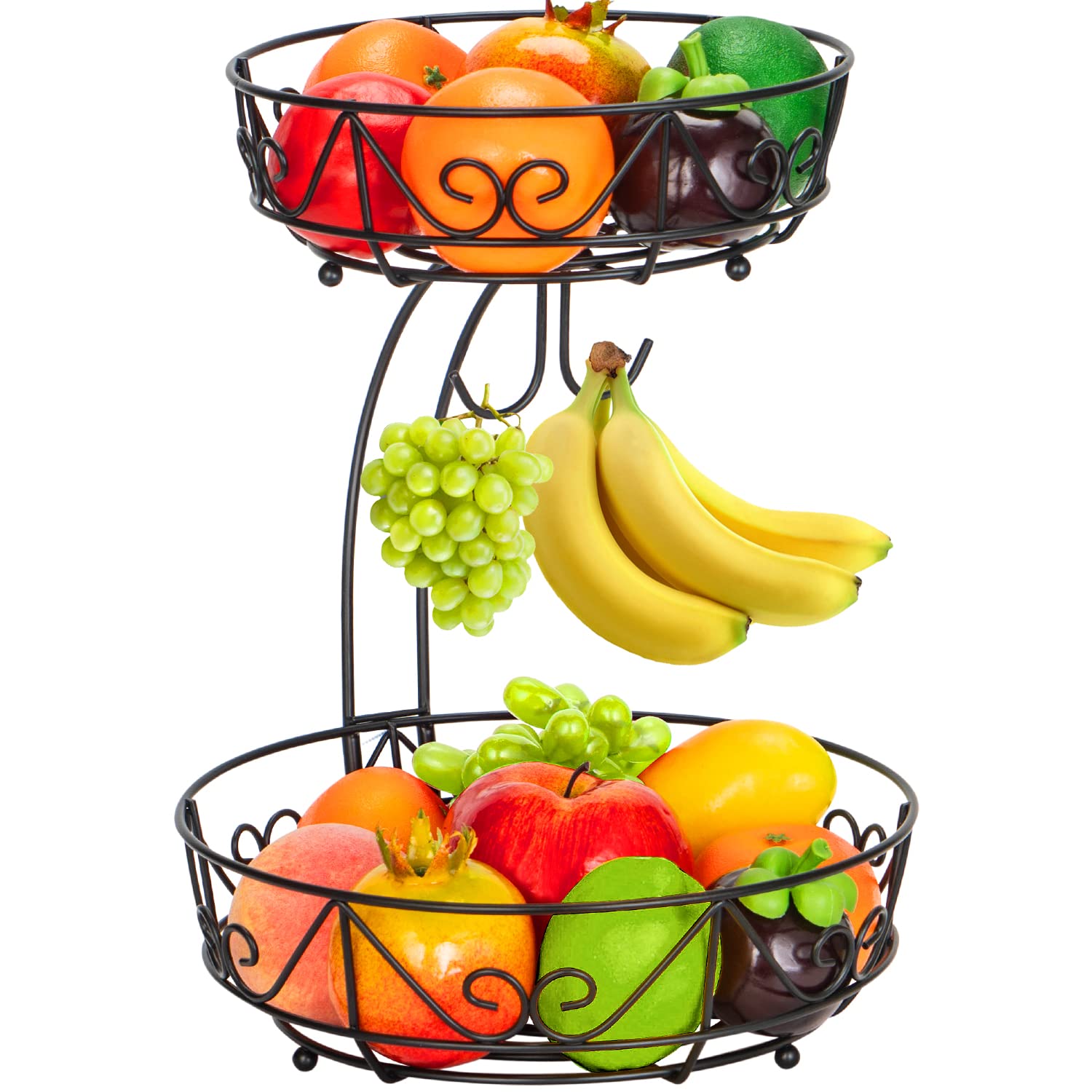 Mutool 2-Tier Metal Fruit Bowl & Rack - Keeps Fruits & Vegs Fresh with Banana Hanger (Black)