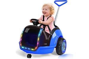 ANPABO 3-in-1 Electric Push Ride On Car, 12V Kids Ride On Toy w/Remote Control, 360° Spin, 5-Point Safety Belt, Colorful LED Light, Music Player, Push Car for Toddler Ages 1-3 (Blue)