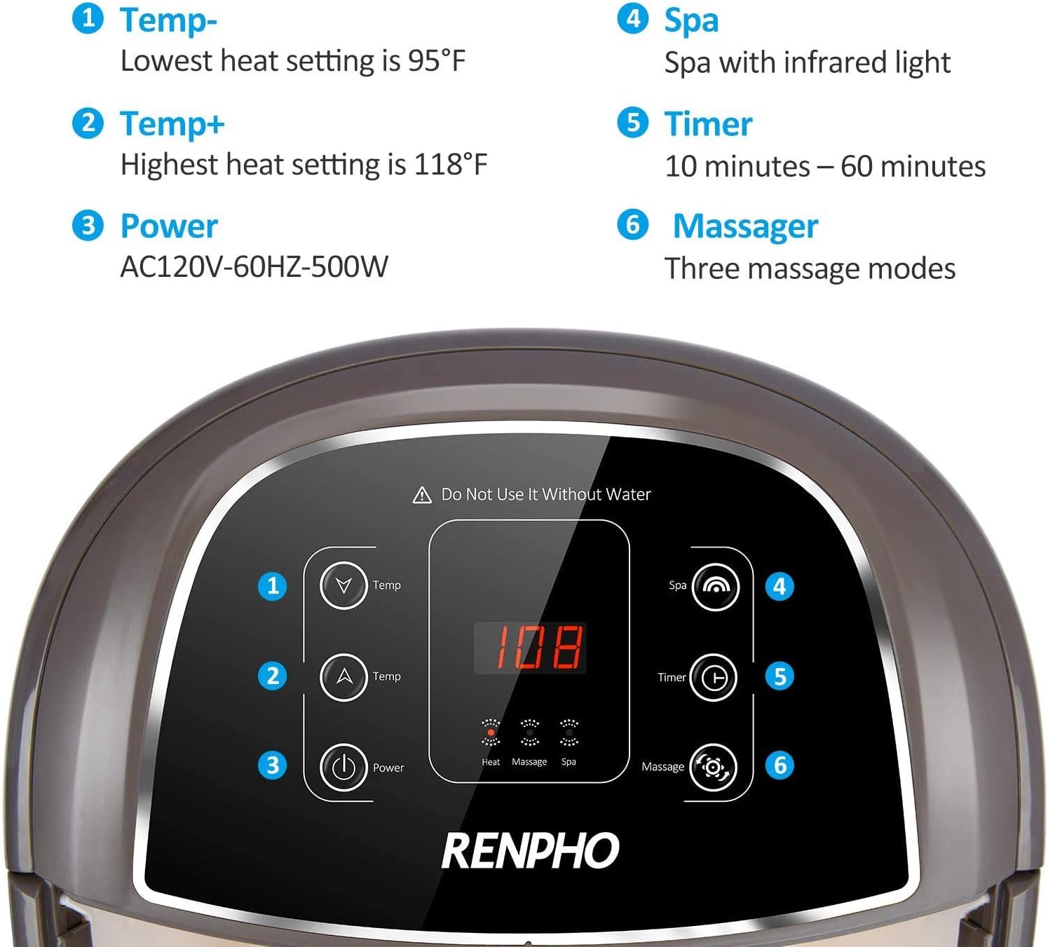 RENPHO Foot Spa Bath Massager with Motorized Massage, Fast Heating, and Powerful Bubble Jets, Automatic Shiatsu Massaging Rollers, Pedicure for Tired Feet, Adjustable Time and Temperature, LED Display: Health & Personal Care